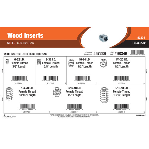 Steel Wood Inserts Assortment (#6-32 thru 5/16