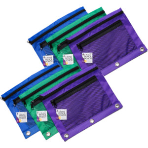 Pencil Pouch, 2 Pocket with Mesh Front, 3 Assorted Colors, Pack of 6