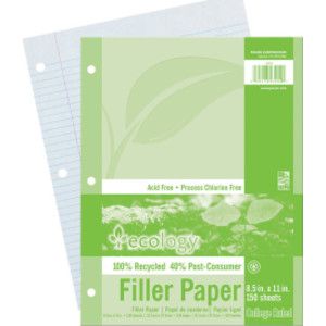 Recycled Filler Paper, White, 3-Hole Punched, 9/32" Ruled w/ Margin 8-1/2" x 11", 150 Sheets