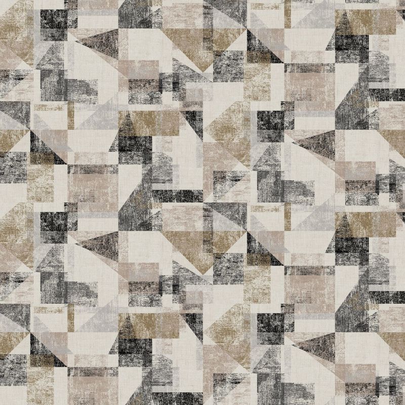 Distressed neutral-toned geometric wallpaper: overlapping rectangles and triangles with textured, worn marks repeating across a flat surface; evenly lit, no visible room elements, resembles fabric wall covering.
