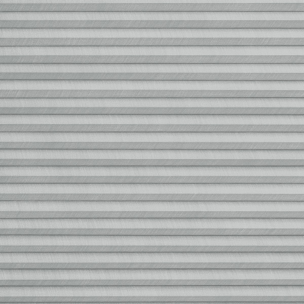Gray pleated cellular blinds, fully lowered with horizontal fabric cells and subtle texture; closed and filtering diffuse daylight; covering an interior window in a softly lit room, no view visible.