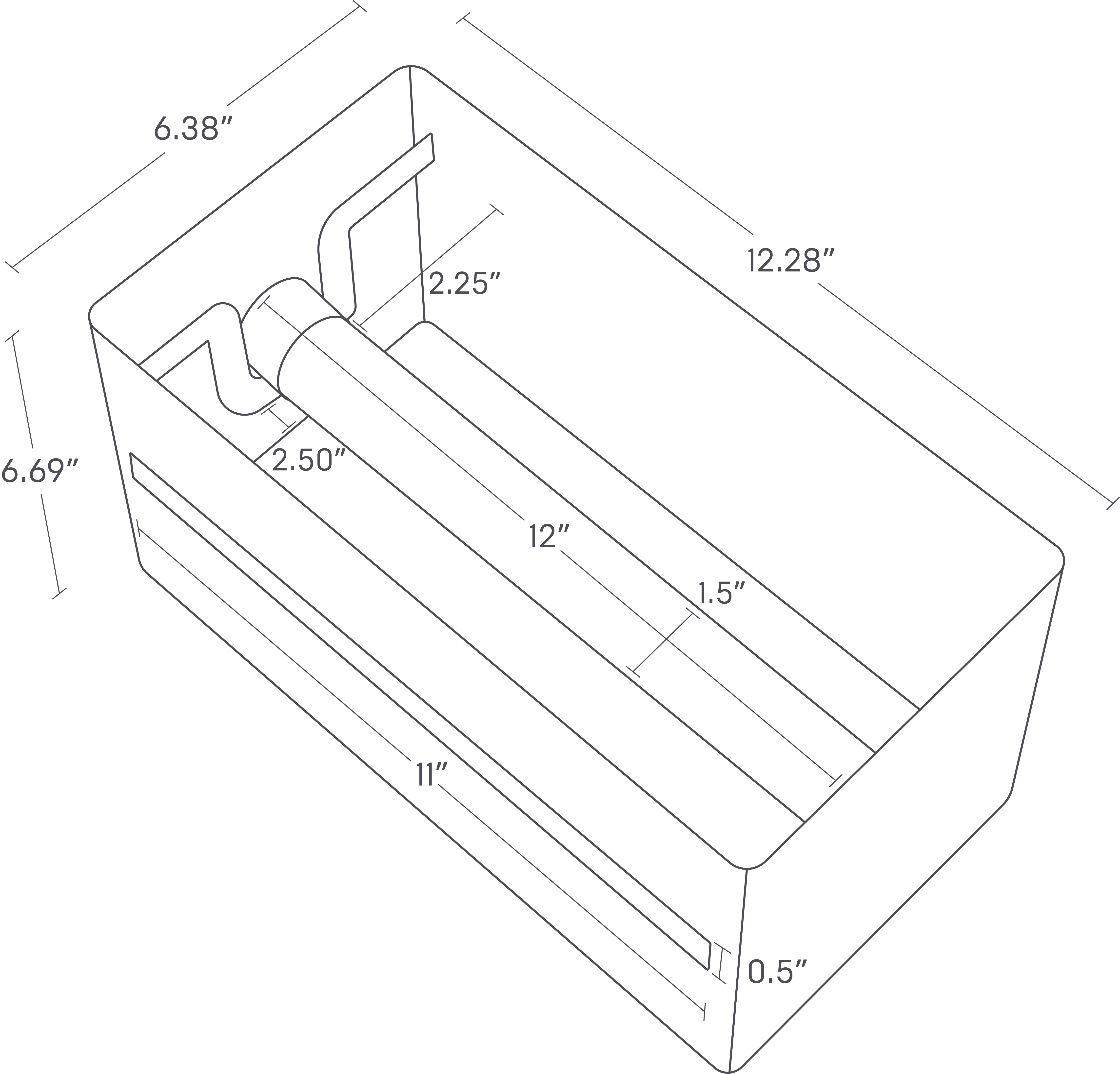 Yamazaki Home Paper Towel Dispenser with dimensions: width is 6.38", depth is 12.28", and height is 6.69". The front slot width is 11". The rod length is 12", and its diameter is 1.5". The mounting bracket extends 2.25", and the rod support is 2.50". The thickness of the opener is 0.5".