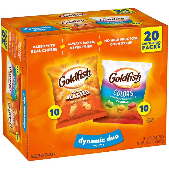 Goldfish® Colors Cheddar and Flavor Blasted Xtra Cheddar Crackers, 20 count box, 18 oz, bag - Left Angle Image