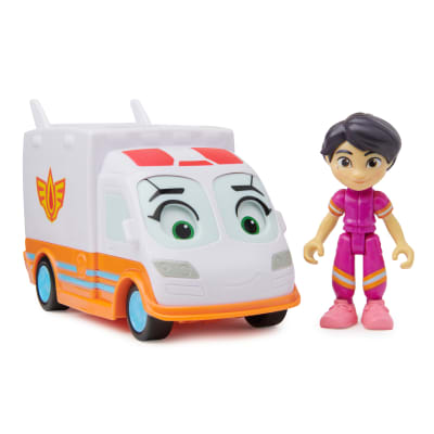 Disney Junior Firebuds, Violette et Axelle, figurine articulée et ambulance avec mouvement des yeux interactif, jouets pour filles et garçons à partir de 3 ans