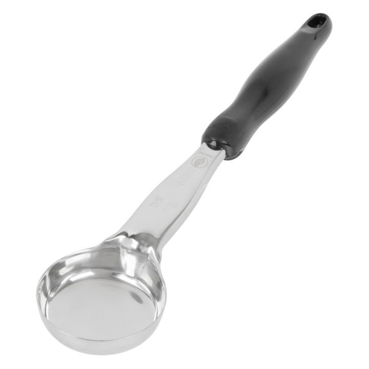 2-ounce one-piece heavy-duty stainless steel solid round bowl Spoodle® utensil with black nylon handle