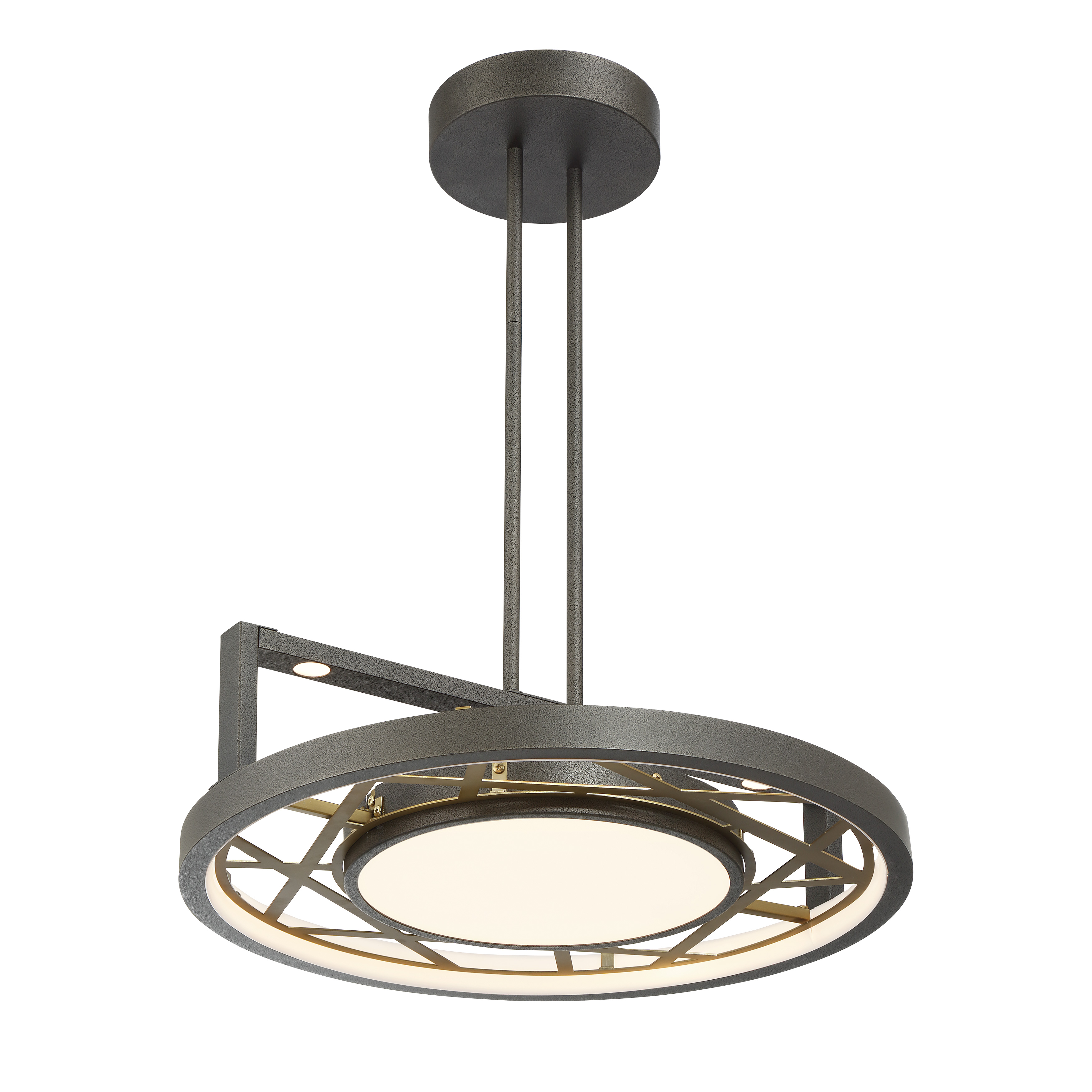 Robin Baron's Tribeca brings industrial elegance with its smoked iron and soft brass finish. The 20-inch diameter provides substantial presence while the 5.5-inch profile works beautifully in spaces with standard ceiling heights. - alternate view