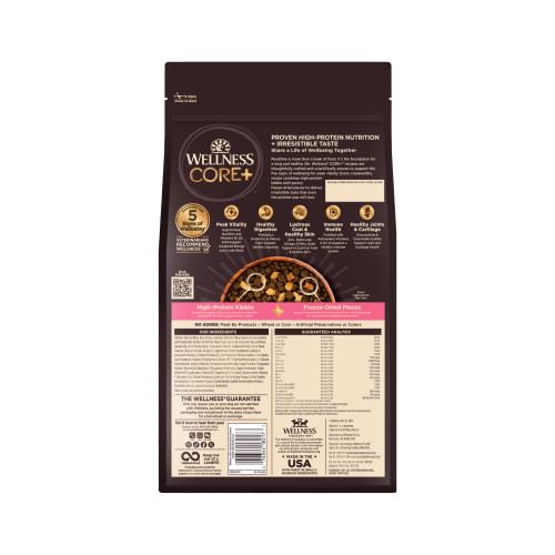 Wellness CORE+  Sensitive Skin & Stomach Salmon & Rice Recipe back packaging