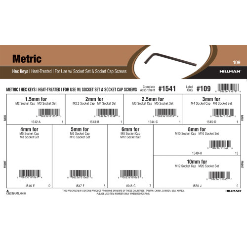 Heat-Treated Metric Hex Keys Assortment (For Use with Socket Set & Socket Cap Screws)