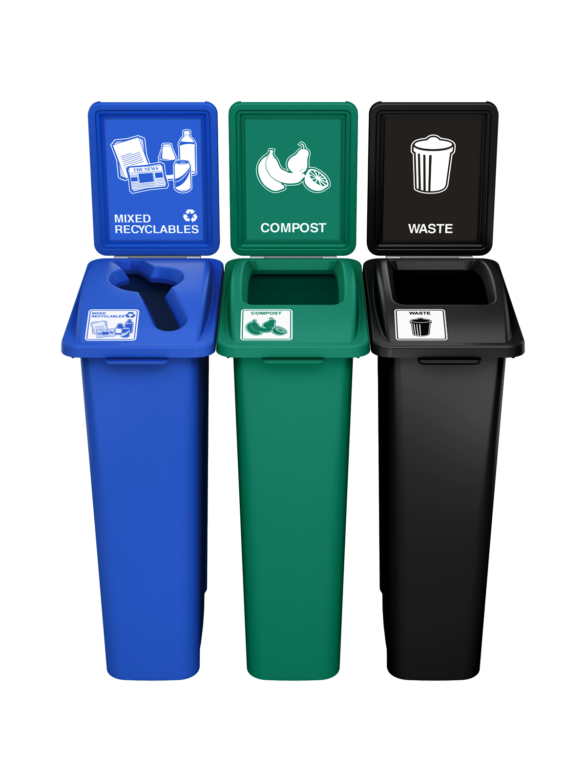 WASTE WATCHER – Triple – Kit – Mixed Recyclables-Compost-Waste – Mixed-Full – Blue-Green-Black
