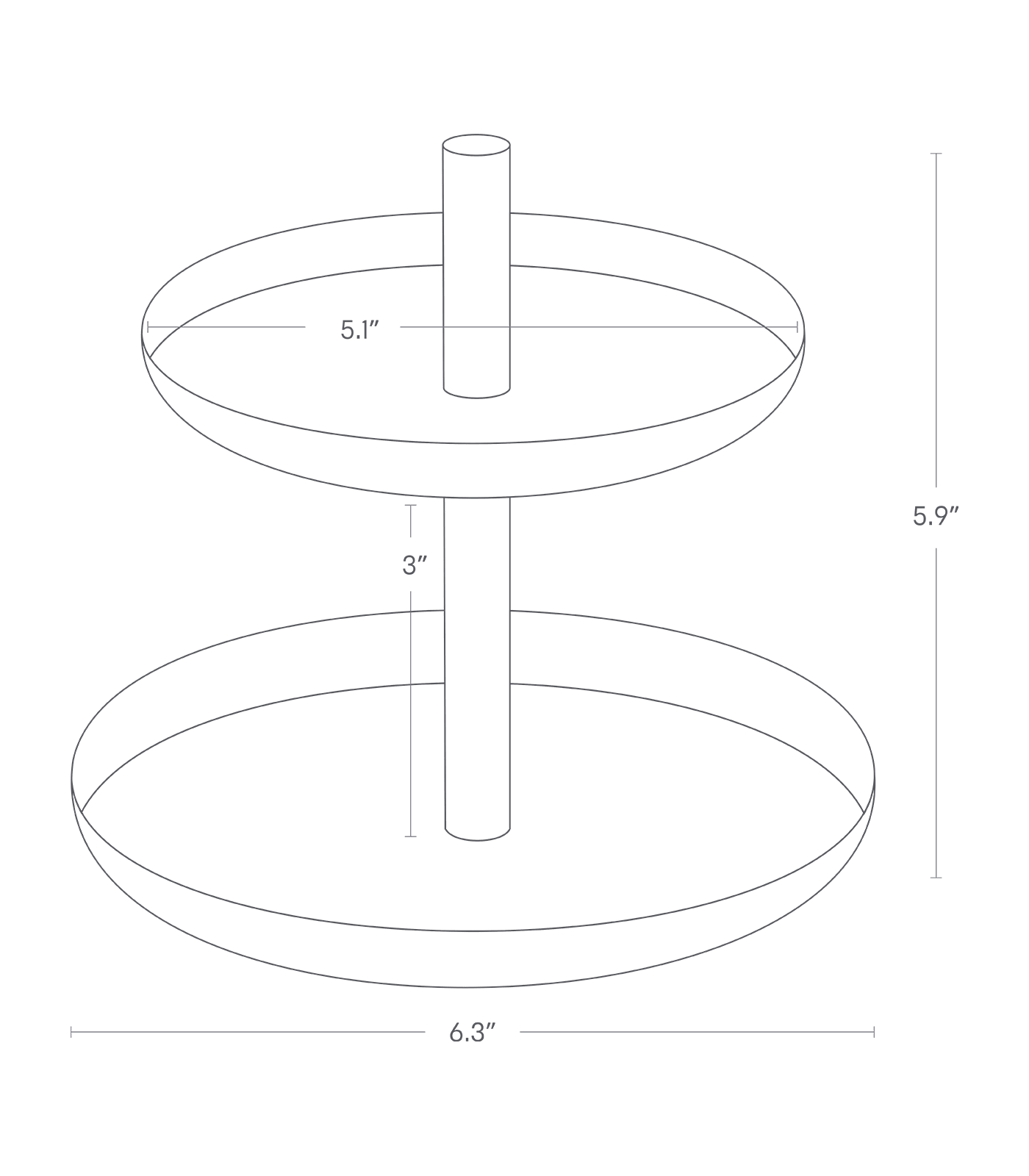 Dimension image for Jewelry Organizer showing total height of 5.9 inches, top plate width of 5.1 inches ad bottom plate width of 5.1 inches and 3 inches between the top plate and the bottom plate
