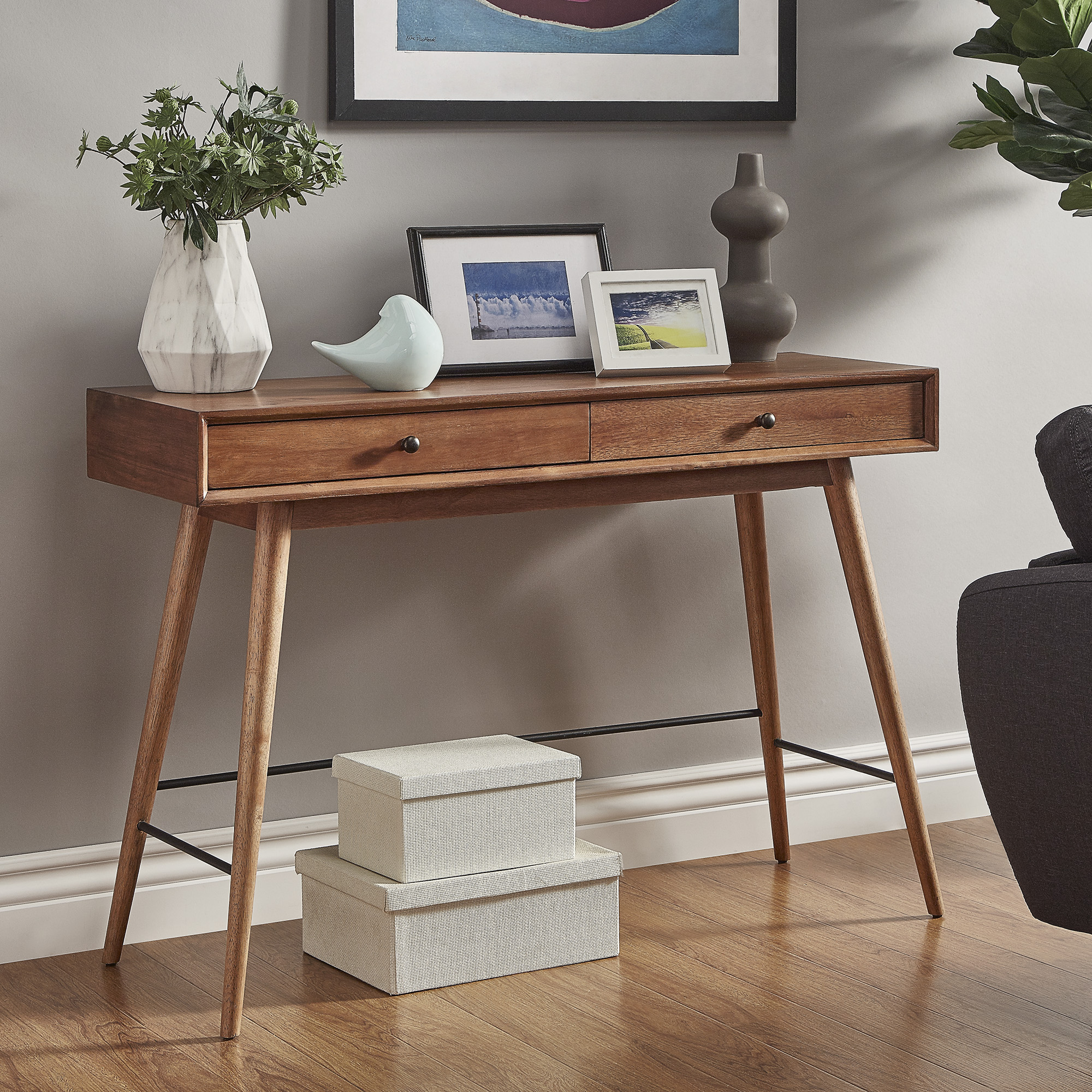 Brown Wood 2-Drawer TV Stand Console Table