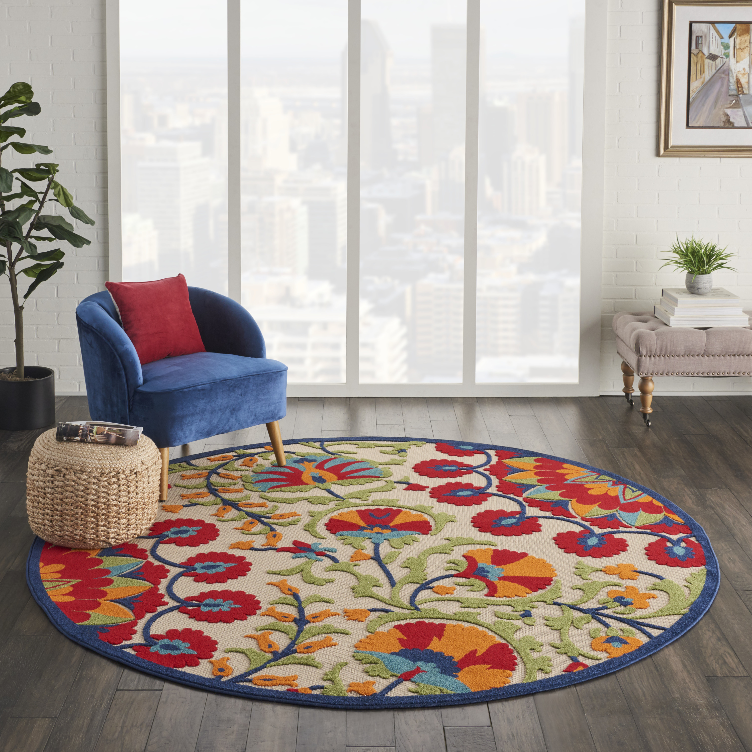 Nourison Aloha 7'10" x Round Red Multicolor Transitional Rug