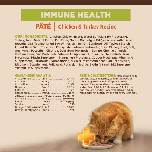 <p>Chicken, Chicken Broth, Water Sufficient for Processing, Turkey, Tuna, Natural Flavor, Pea Fiber, Marine Microalgae Oil (preserved with mixed tocopherols), Taurine, Dried Egg Whites, Salmon Oil, Sunflower Oil, Tapioca Starch, Locust Bean Gum, Tricalcium Phosphate, Calcium Carbonate, Dried Chicory Root, Salt, Agar-Agar, Potassium Chloride, Guar Gum, Magnesium Sulfate, Choline Chloride, Xanthan Gum, Zinc Proteinate, Vitamin E Supplement, Thiamine Mononitrate, Iron Proteinate, Niacin Supplement, Manganese Proteinate, Copper Proteinate, Vitamin A Supplement, Pyridoxine Hydrochloride, d-Calcium Pantothenate, Sodium Selenite, Riboflavin Supplement, Folic Acid, Potassium Iodide, Biotin, Vitamin B12 Supplement, Vitamin D3 Supplement.</p>
