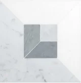 Pietra Visivo Collection Thassos Select Polished, Italian Carrara Light Select Polished, Italian Carrara Dark Select Polished, And Bardiglio Imperiale Polished 6×6 Fordham Focal Mosaic Polished