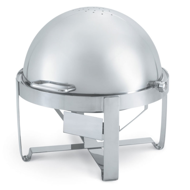 Avenger™ economy round rolltop chafer in mirror finish with 6-quart food and water pans