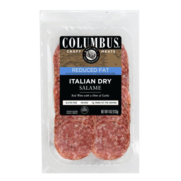 COLUMBUS(r) Reduced Fat Italian Dry Salame Tray 12/4 Ounce . A1N1 - Front No Plunge In Package (Low Res)