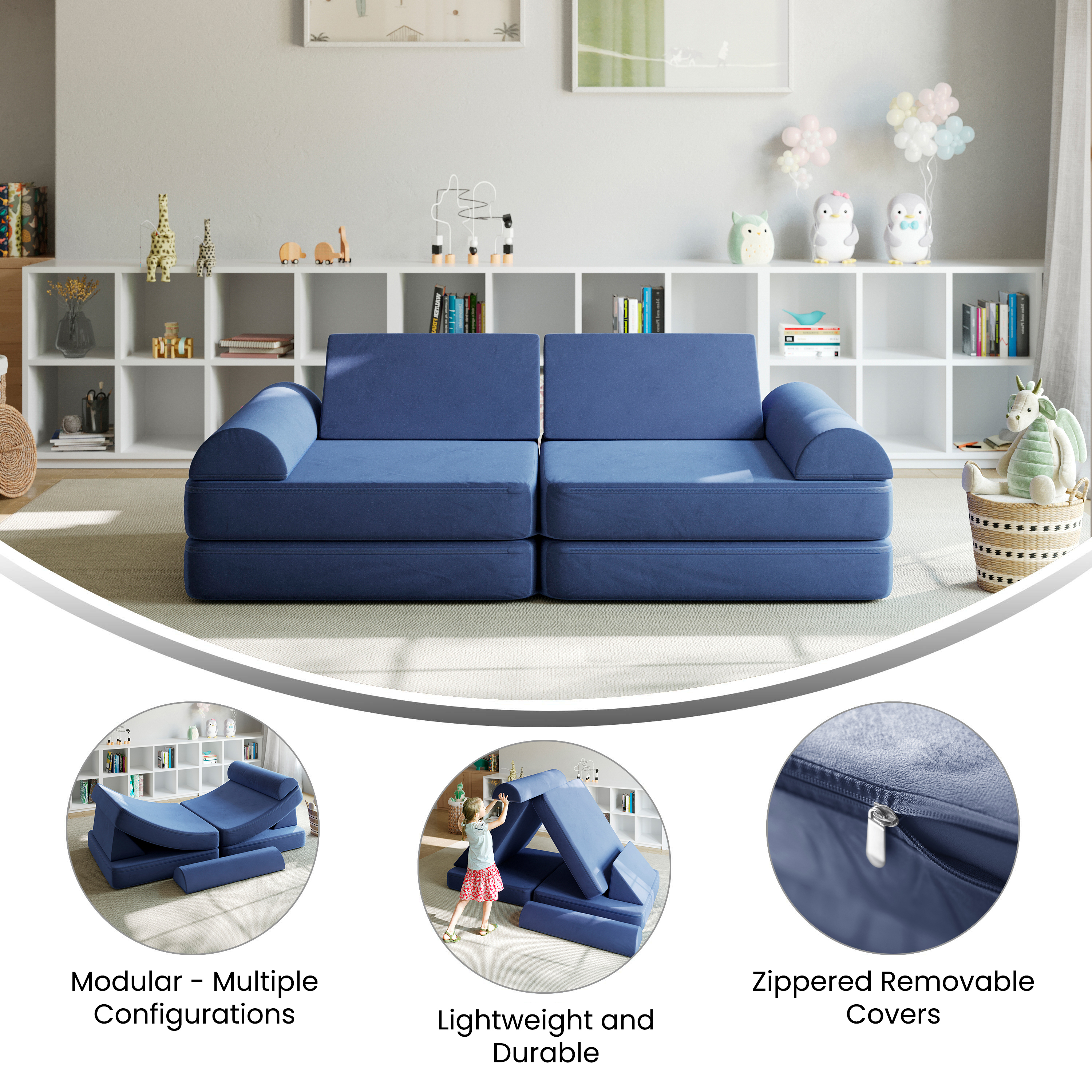 Marlowe 56" Modular Kids Play Couch with 6 Soft Foam Sectional Sofa Pieces in...