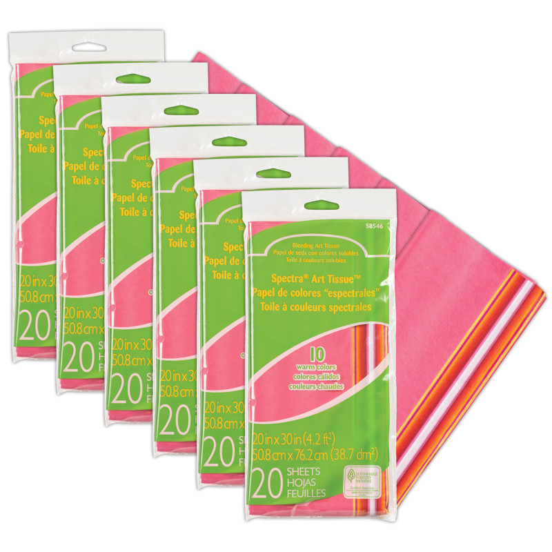 Deluxe Bleeding Art Tissue, 10 Color Warm Assortment, 20" x 30", 20 Sheets Per Pack, 6 Packs