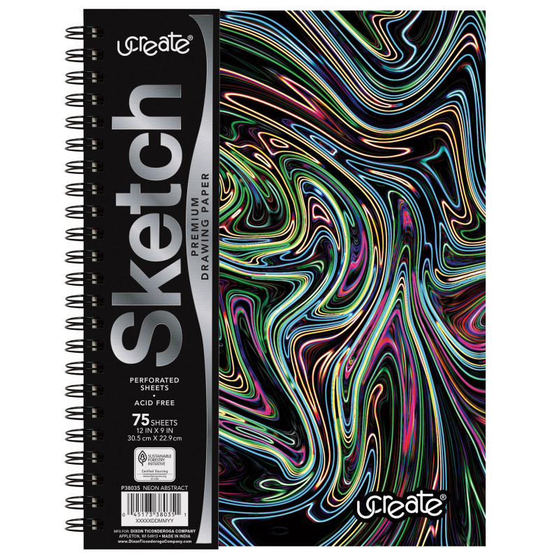 Fashion Poly Sketch Book, 9" x 12", 75 Sheets, Neon Abstract Design