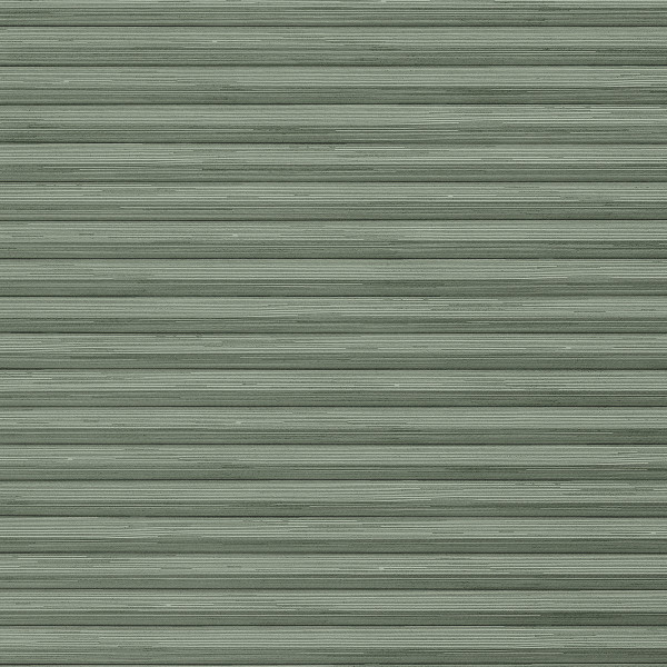 Pale-green horizontal metal rolling shutter with narrow ribbed slats dominates frame; fully closed, slightly weathered; exterior storefront or garage façade under even daylight.