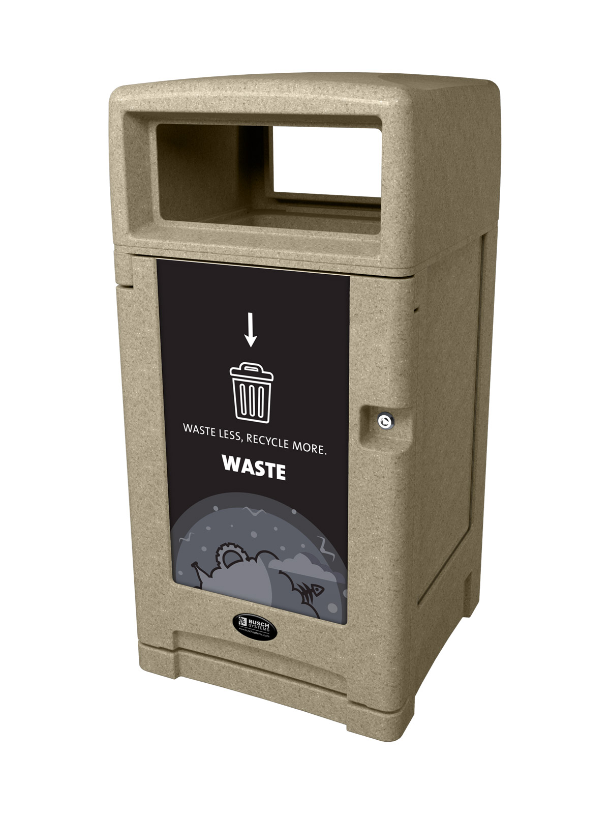 Expression Series single outdoor waste container in sandstone with full openings and body sign