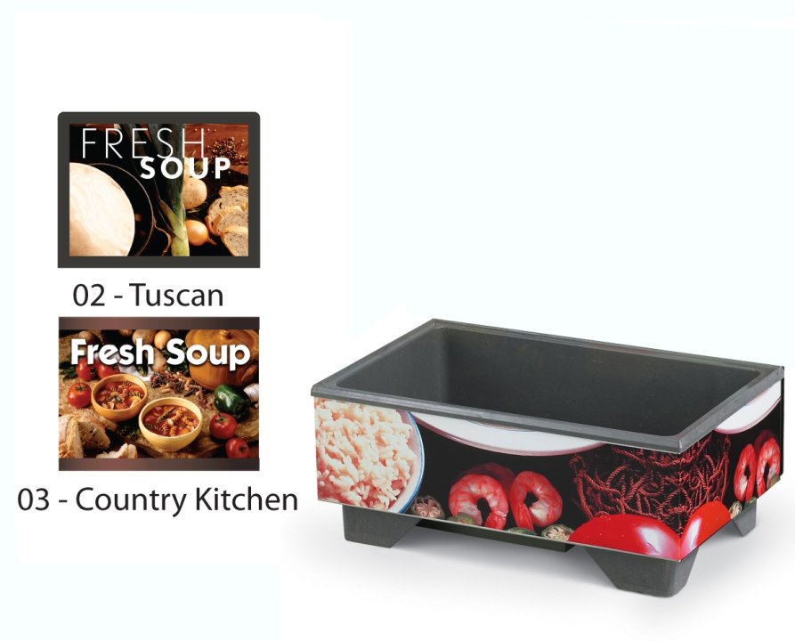 120-volt full-size soup merchandiser with 4-quart accessory kit, menu board and Country Kitchen graphics