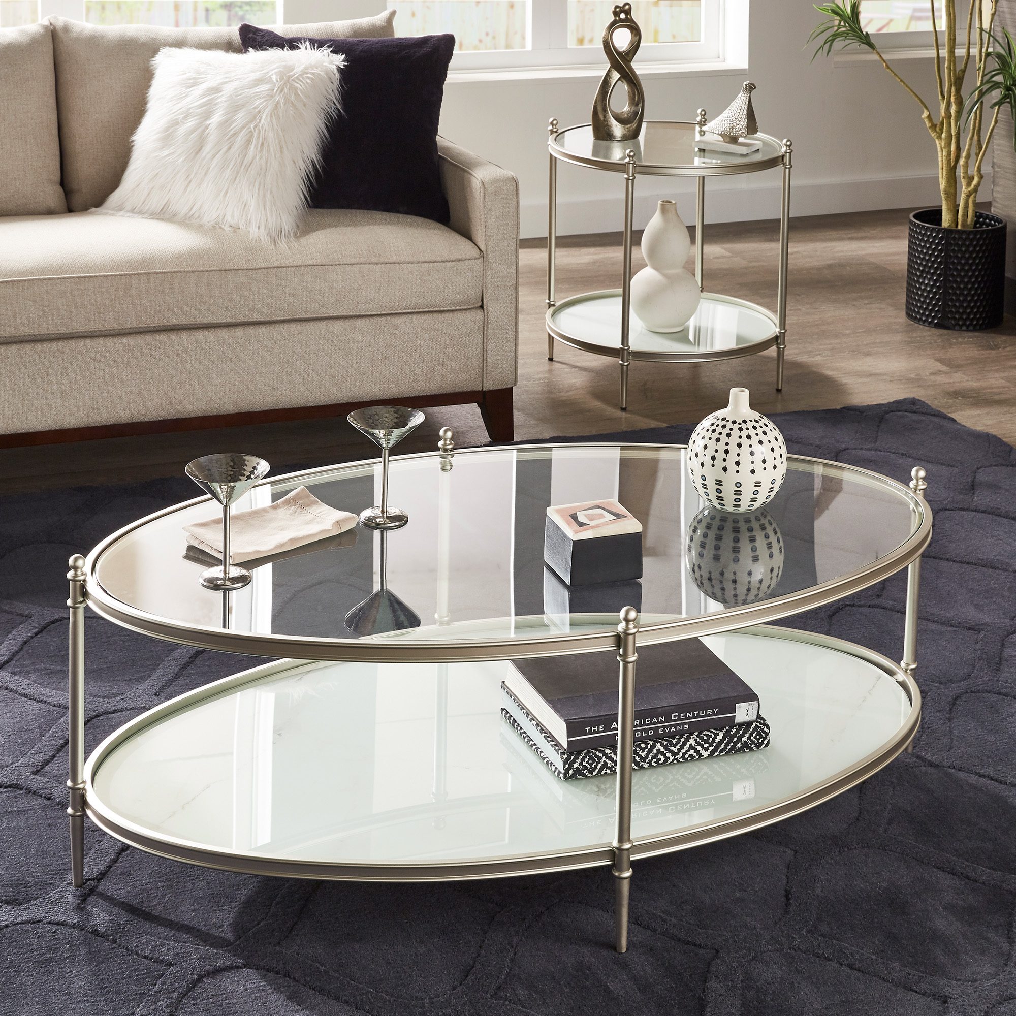 Champagne Silver Metal & Glass Coffee Table Set