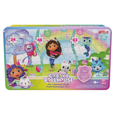 Gabby's Dollhouse 3-in-1 Panoramic Puzzle, Collectible Storage Tin, for Families and Kids Ages 4 and up
