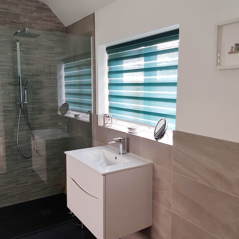 Teal zebra roller blind covering window, alternating opaque and sheer horizontal bands, partially lowered filtering daylight; bathroom with white sink vanity, magnifying mirror, glass shower and neutral tiles.