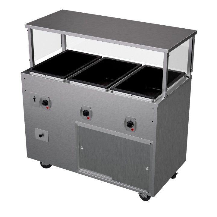 46-inch 120-volt three-well 2-Series deluxe hot-food station with black solid base and cafeteria-style breath guard