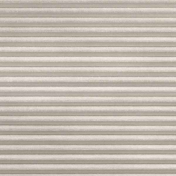 Beige pleated cellular shade, textured fabric with narrow horizontal folds, fully lowered and closed; filtering diffuse light into a neutral, softly lit interior space with no visible view.