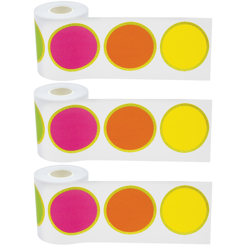Confetti Colorful Circles Straight Rolled Border Trim, 50 Feet Per Roll, Pack of 3