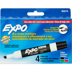 Low-Odor Dry Erase Markers, Chisel Tip, 4 Colors, Pack of 4