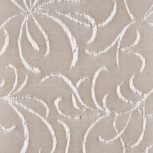 Beige mesh textile with raised white floral embroidery (close-up) — displaying repeating curving motifs — presented flat under even, neutral lighting, suggesting upholstery or drapery fabric.