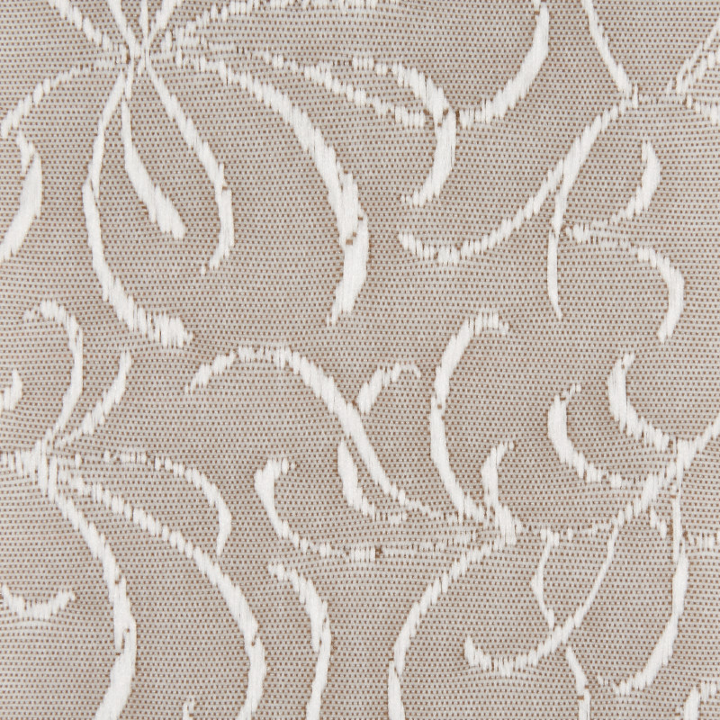 Beige mesh textile with raised white floral embroidery (close-up) â€” displaying repeating curving motifs â€” presented flat under even, neutral lighting, suggesting upholstery or drapery fabric.