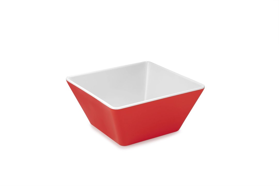 Bol cuadrado de melamina roja bicolor de 18 x 18 cm