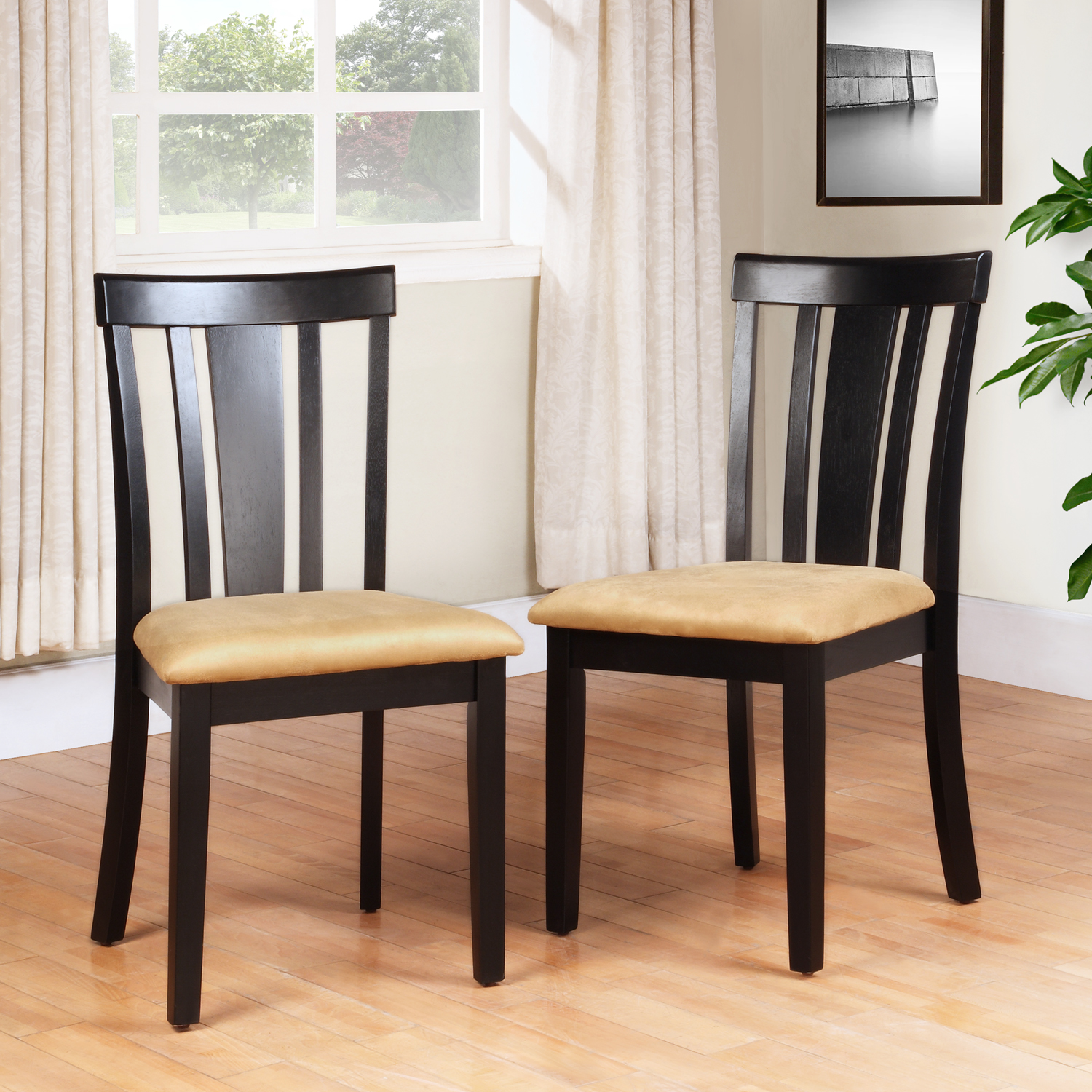 Black Wood Beige Microfiber Dining Chairs (Set of 2)