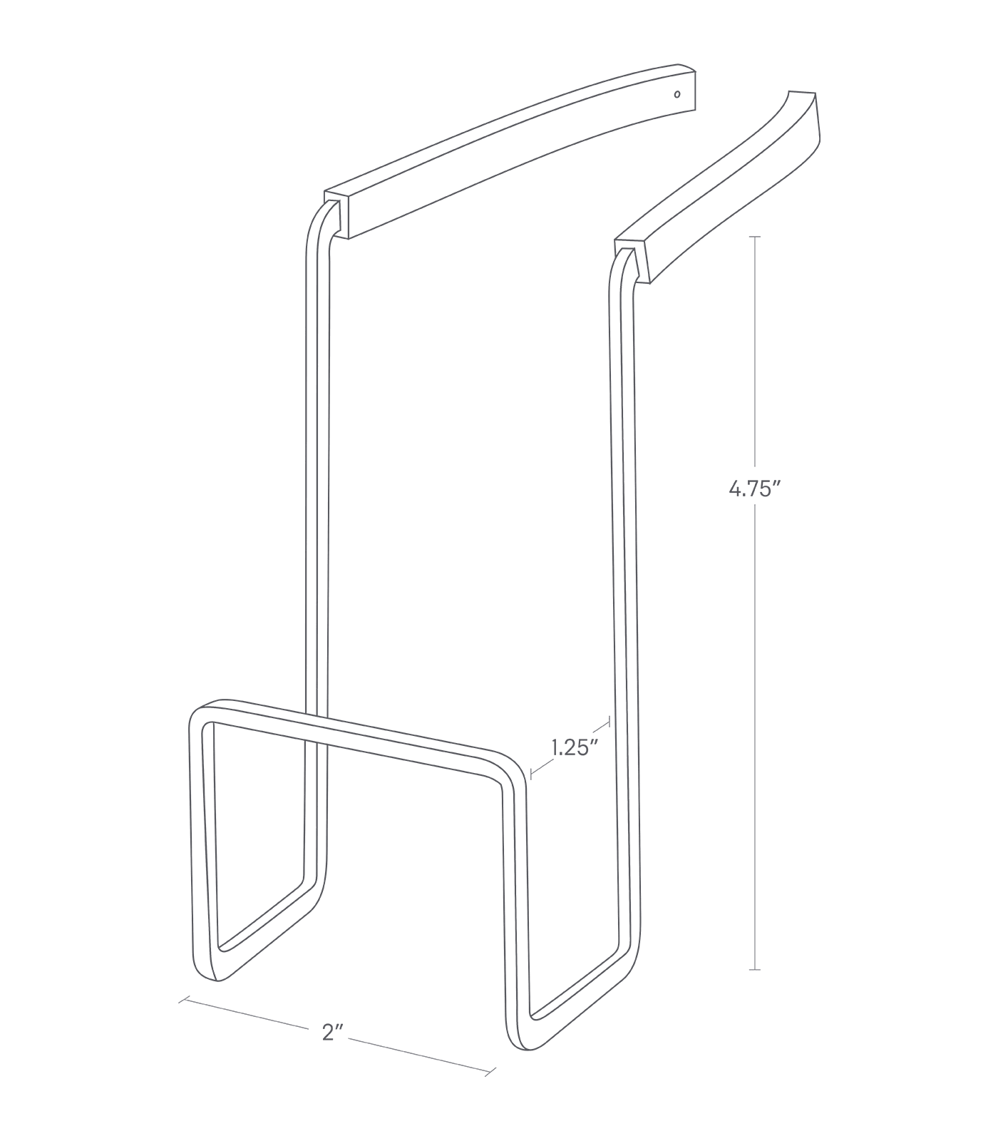 Image dimensionnelle du porte-éponge suspendu au robinet montrant une longueur de 2", une largeur de 1,25" et une hauteur de 4,75"