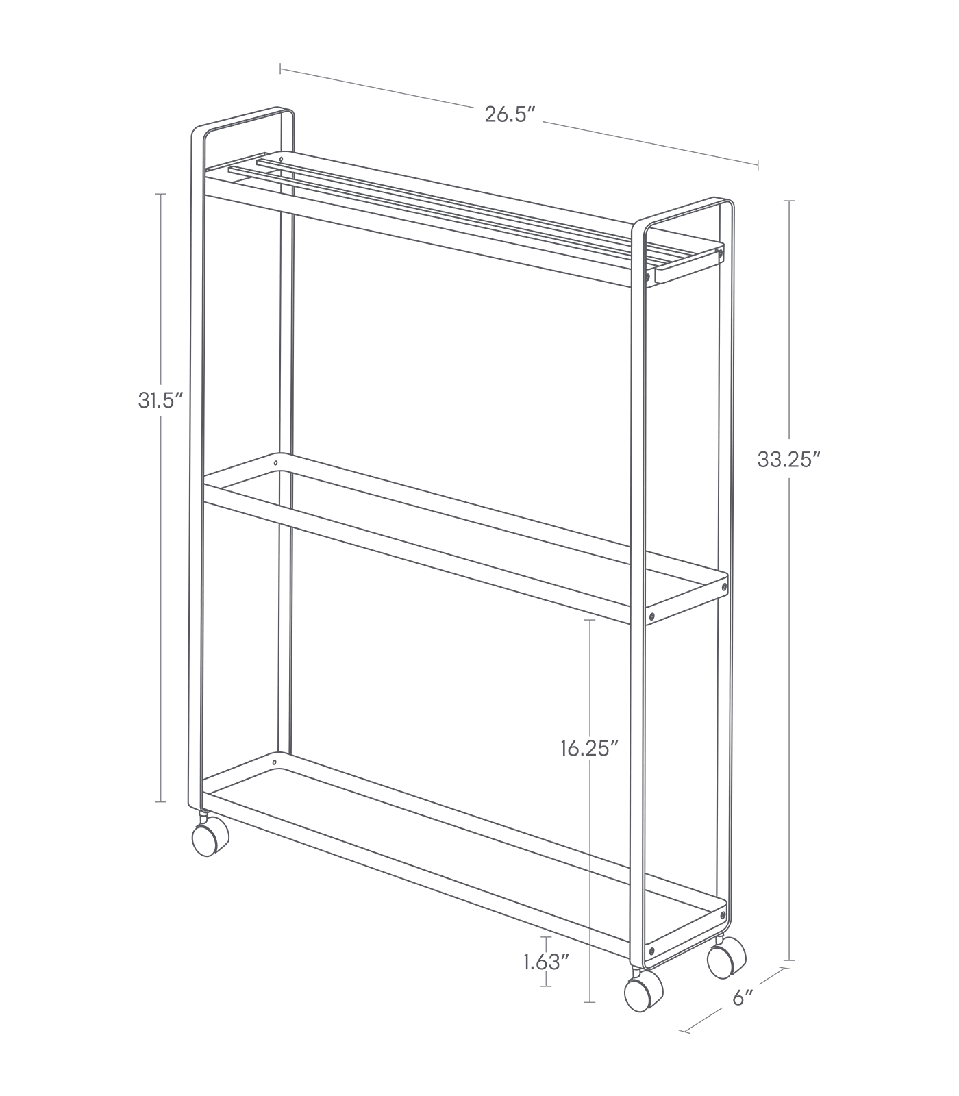 TOWER Rolling Tower Rack. 33.25 inches tall, 26. 5 inches long, 6 inches wide.