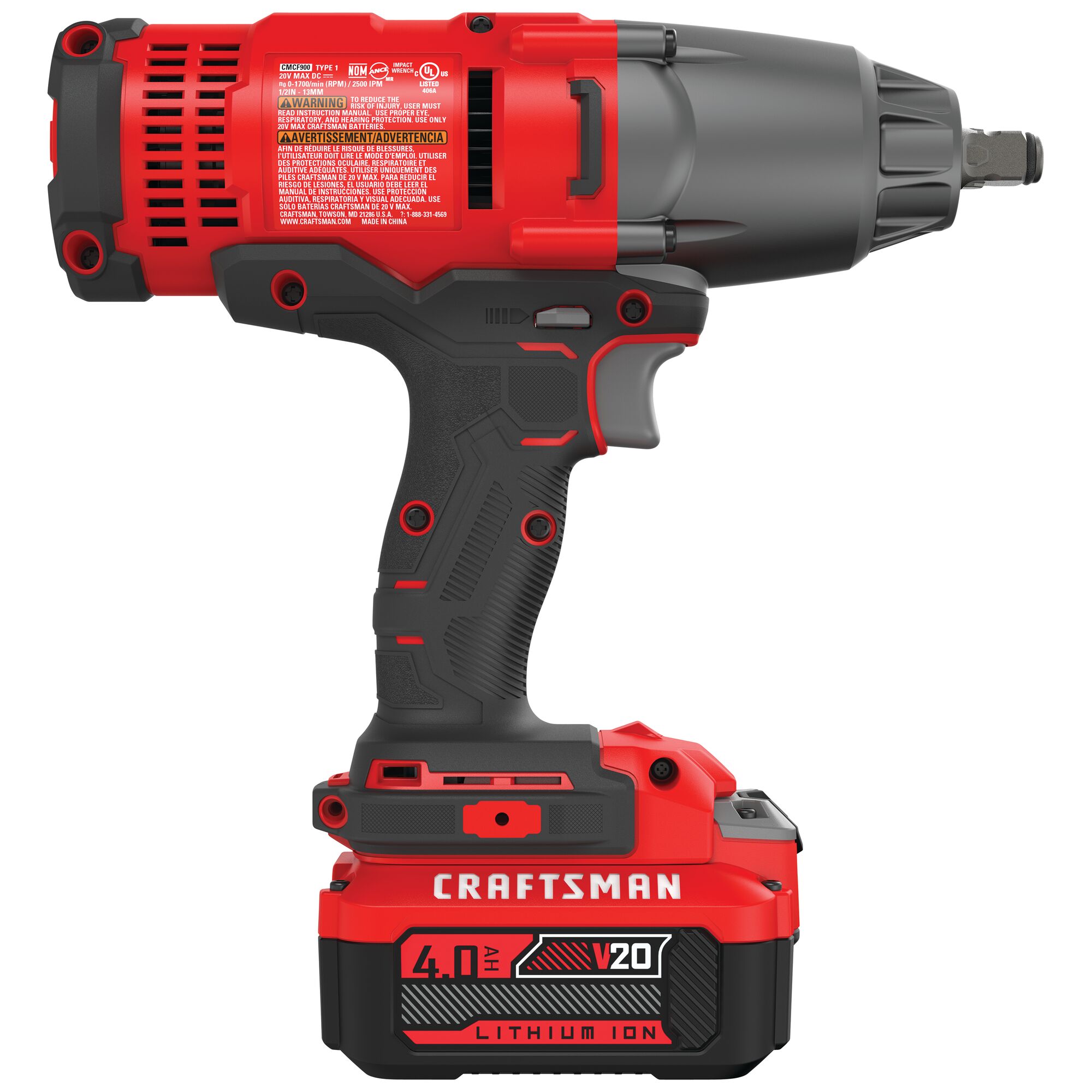 Left profile of cordless half inch impact wrench kit 1 battery.