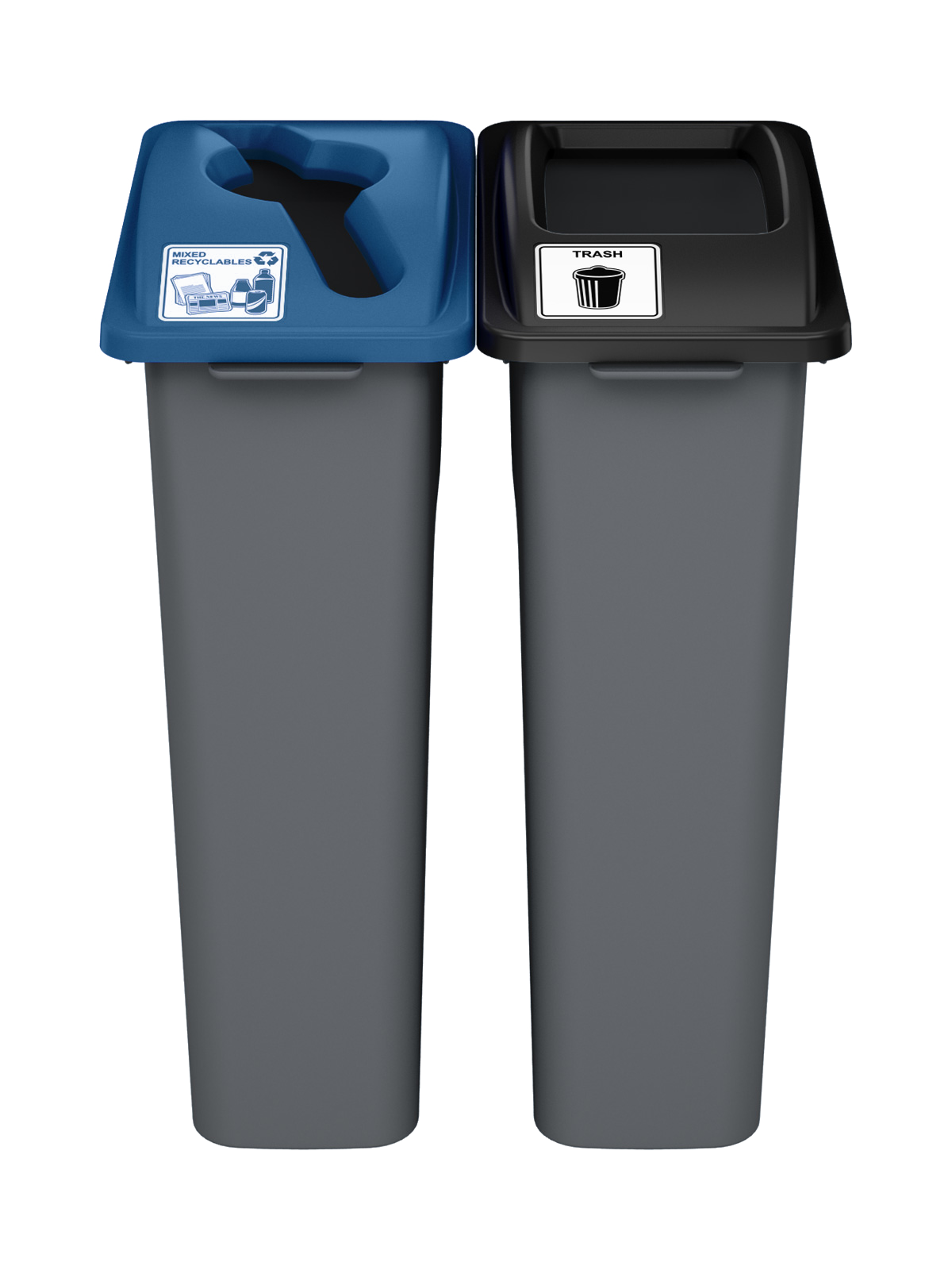 WASTE WATCHER – Double – Kit – Mixed Recyclables-Trash – Mixed-Full – Grey PCR-Blue PCR-Black PCR