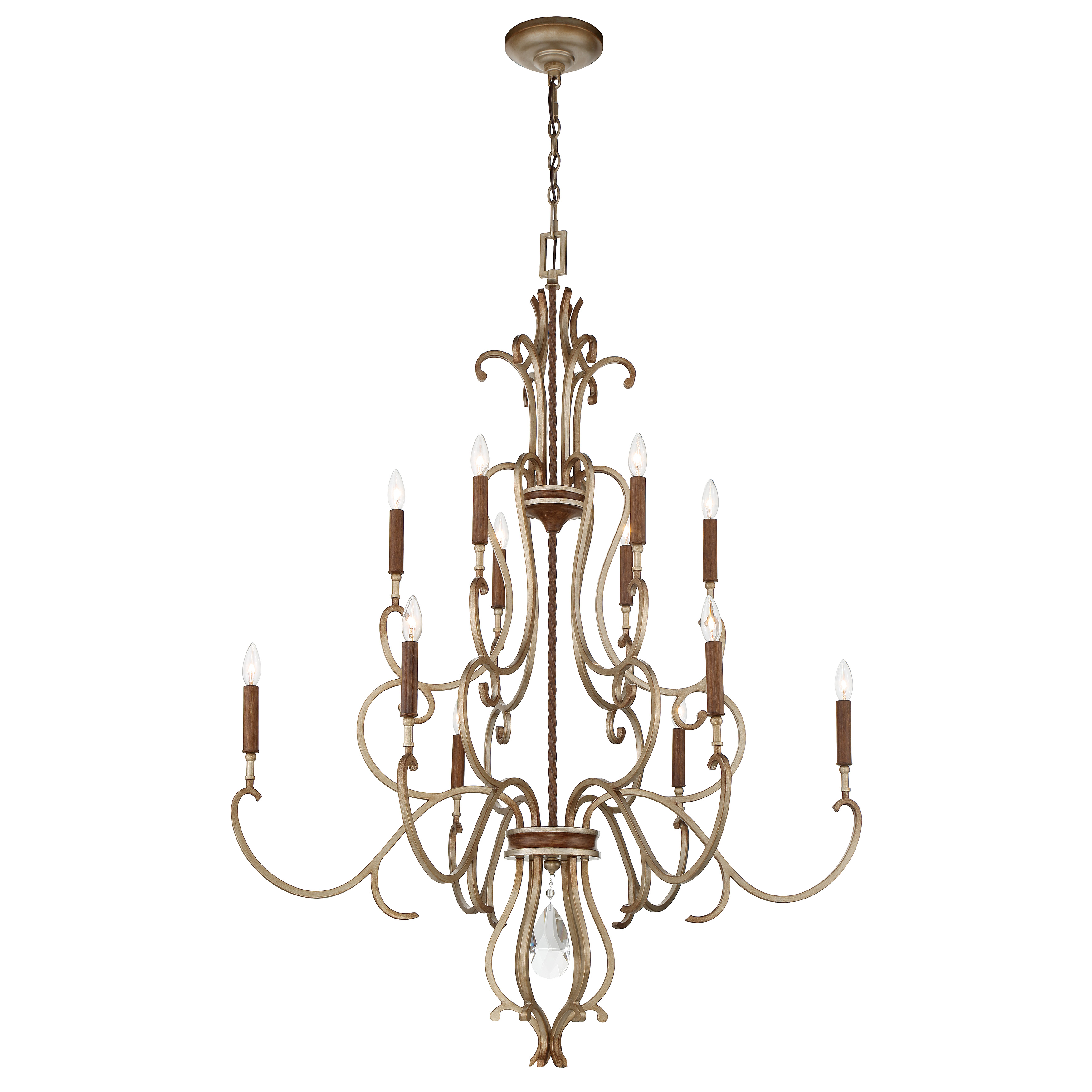 The Magnolia Manor chandelier brings timeless elegance with its 12-light design, pale gold finish, and crystal embellishments. At 42 inches wide, this statement piece commands attention in large dining rooms and grand foyers. - alternate view
