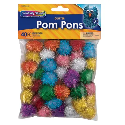 Creativity Street  Glitter Pom Pons, Assorted Colors,  1", 40 Pieces