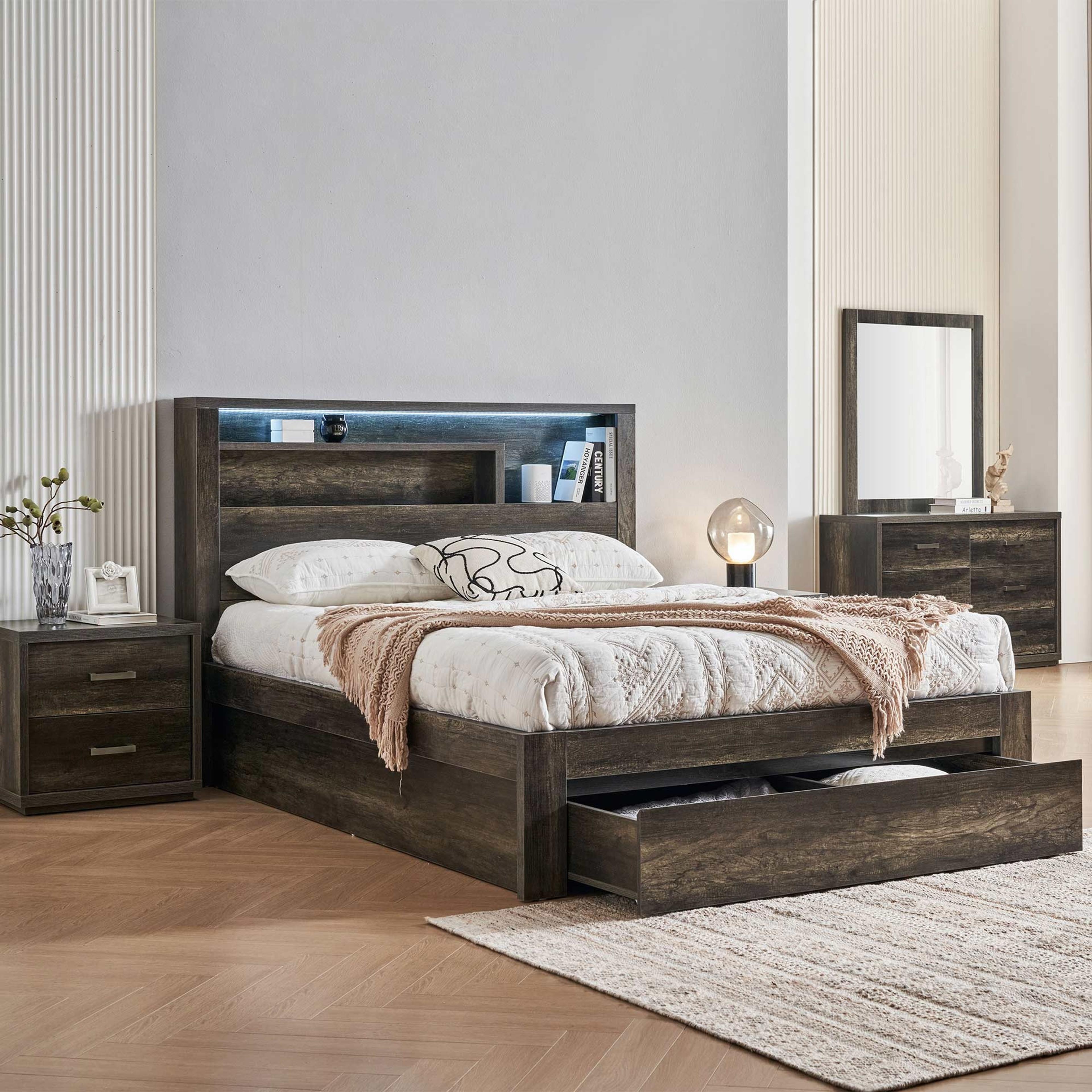 Lifestyle image of the  Bellevue Bed Frame, Side Gas Lift & End Drawer Base, Charcoal from Forty Winks