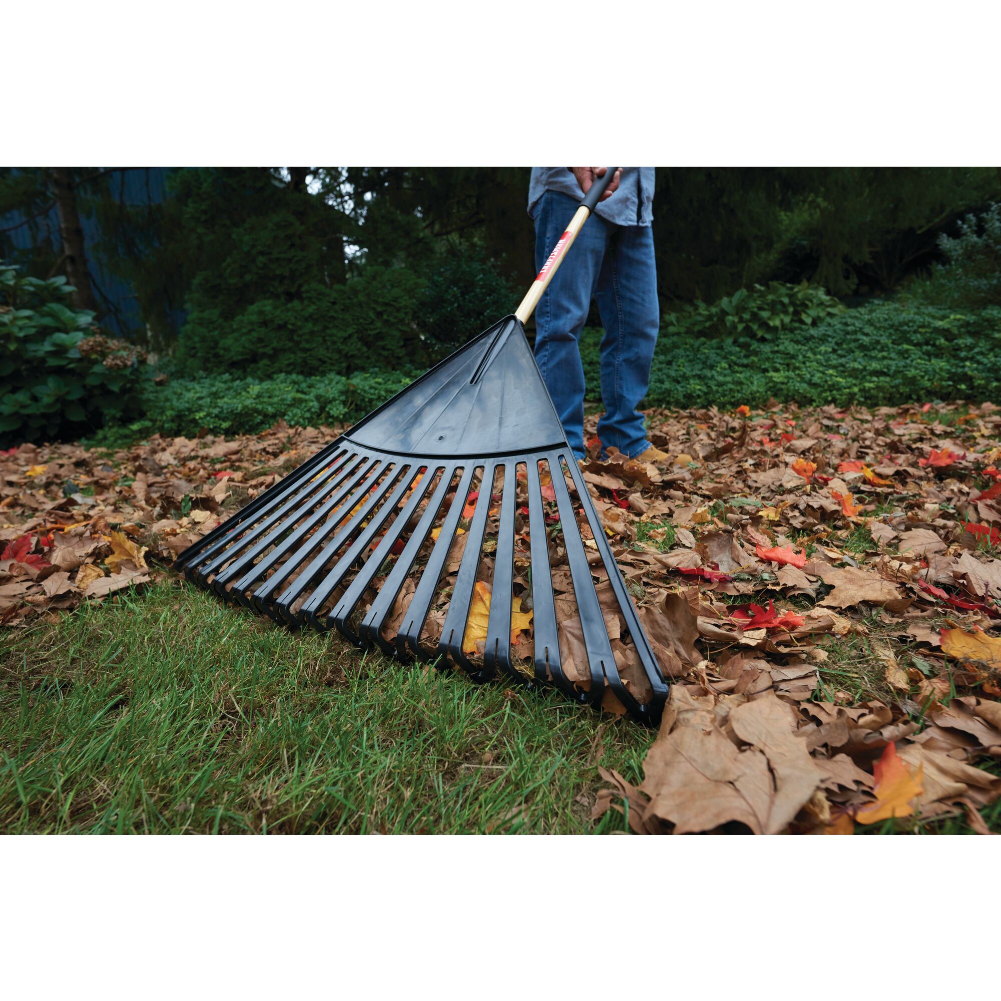 Wood handle 30 inch leaf rake being used.