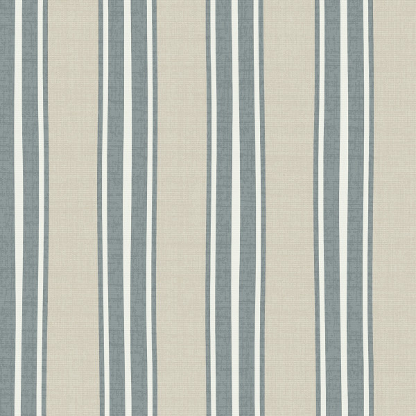 Blue-gray vertical stripes run across a beige, woven-textured fabric, arranged in repeating groups of thin and wider bands evenly spaced across the surface.