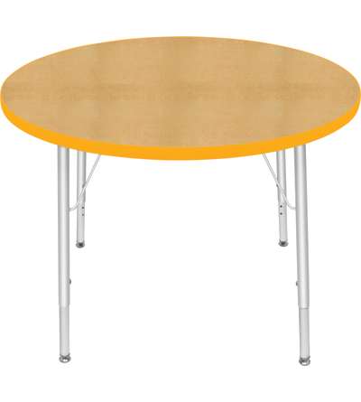 Creative Colors® Activity Table, Round, 36" Diameter, Maple Top Color, Yellow Edge Color, Standard Leg Height, Platinum Silver L