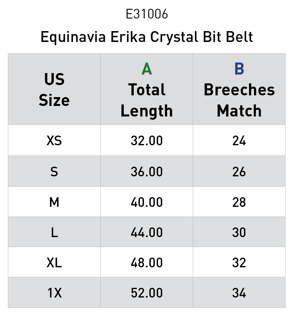 Size chart for Equinavia Erika Crystal Bit Belt - Black