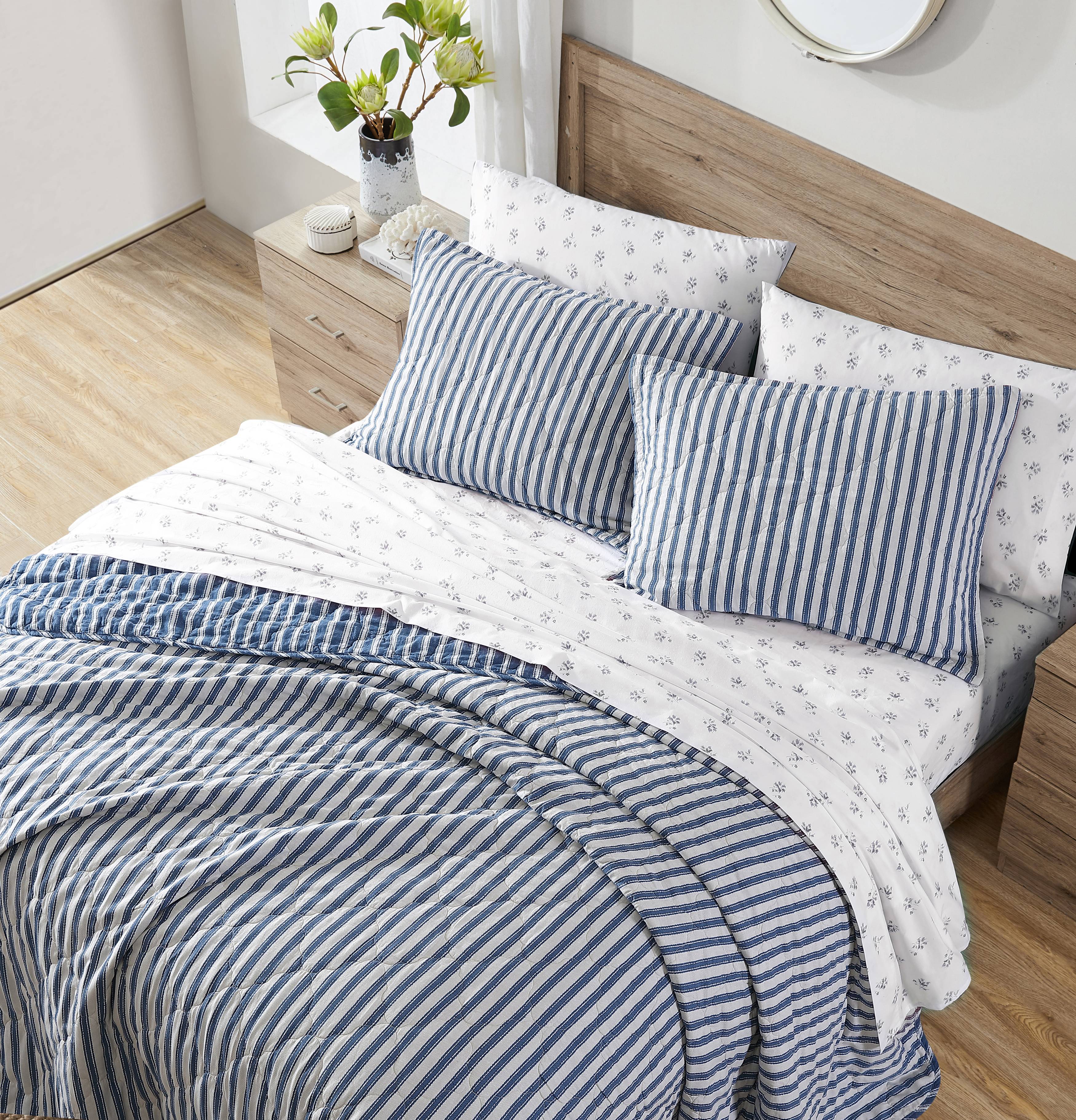 Stone Cottage Willow Way Ticking Stripe Cotton Blue 3 Piece Quilt Set-Full/Queen - Picture 17 of 17