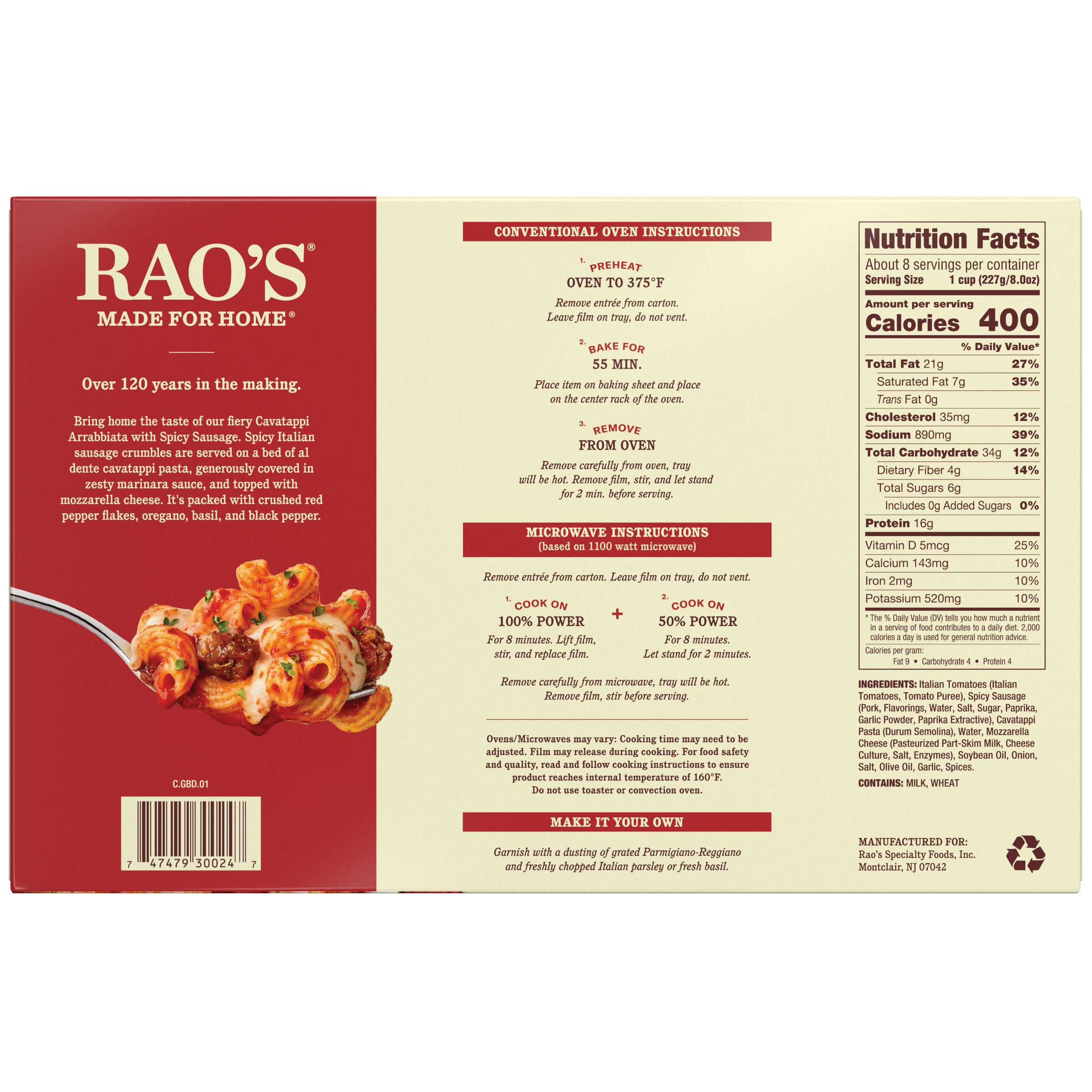 Cavatappi Arrabbiata with Spicy Sausage Frozen Meal, 64 oz - Back Image